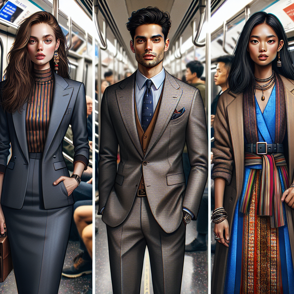 Stunning Outfits for Subway Interviews: Effortless Style Create an image depicting three people in polished and striking attire designed for interview settings in a bustling subway context. The first person should be a Middle-Eastern woman in a well-tailored modern business suit with fashionable accessories. The second person is a Caucasian man in a smart-casual ensemble featuring layered clothing with eye-catching colors. The third person is a South Asian woman wearing a chic outfit that seamlessly blends traditional and contemporary styles. All of them should be displaying confident postures and expressions, showing that they are ready for their interviews. The subway background should hint at the urban rush, but the main focus should be on the outfits.