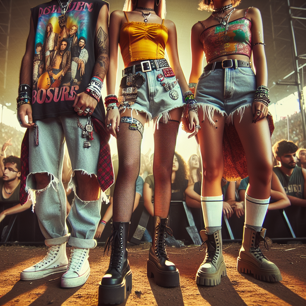 Must-Have Outfits for a Stray Kids Concert! Imagine a scene set in the vibrant atmosphere of a major music concert, with fans prepared for a night of energetic performances. Focus on a close-up of three fans. The first is a Hispanic man in a bold graphic tee, ripped jeans, and hightop sneakers, adorned with various music-themed accessories, and a baseball cap. The second fan, a Middle-Eastern woman, wears a bright crop-top, a high-waist skirt, and chunky boots, her hair styled in loose waves. The third person pictured, a Caucasian individual of non-binary gender, sports a baggy band shirt, distressed denim shorts, and combat boots. All are radiating excitement and camaraderie in anticipation of the concert.