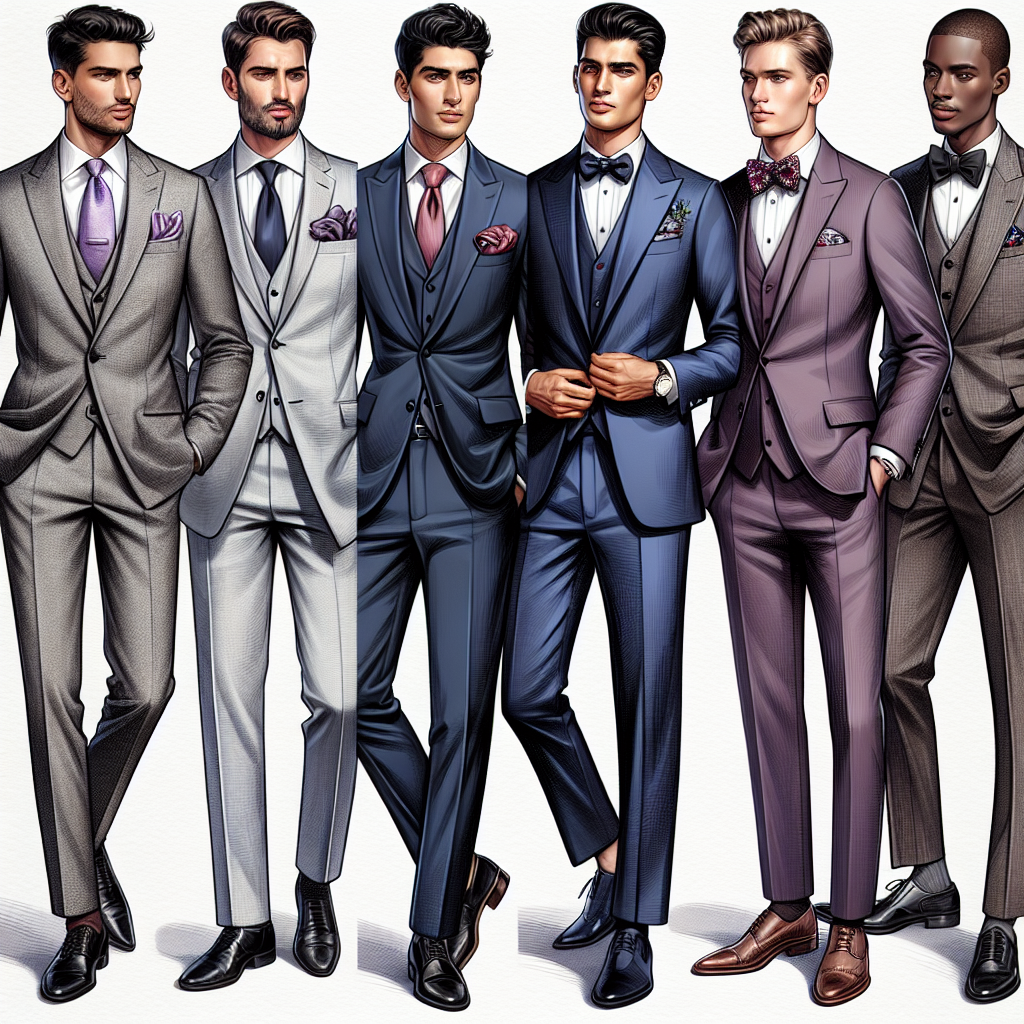 An ensemble of fashionable men donning varied styles of attire suitable for a courthouse wedding. The first man, of Middle-Eastern descent, wears a formal light gray suit complemented by a lavender pocket square. The second man, of Hispanic descent, displays elegance in a fitted navy blue attire featuring a satin red boutonniere. The third man, of Caucasian descent, sports a classic black tuxedo, paired with a stylishly patterned bow tie. Four other men, drawn from African, South Asian, East Asian, and Native American descents, exhibit equally chic outfits, presenting a spectrum of polished ensembles ideal for courthouse weddings.