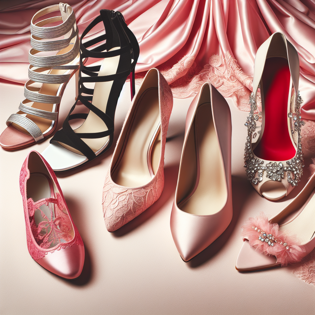 Must-Have Shoes for Pink Dresses: Chic Picks A showcase of five must-have shoe styles perfect for pink dresses. In the left, a high-heeled strappy sandal, designed in sleek, metallic silver. To its right, a classic black stiletto, elegant in its simplicity. Centered, a blush-colored ballet flat with intricate lace detailing. Further right, a vibrant red pump symbolizing boldness and chic. Finally, a rhinestone-bejeweled, white peep-toe heel, exuding luxury. A pink satin dress, beautifully folded, rests in the backdrop, casting a gentle, romantic hue over the scene. Equal emphasis on the form and function of each shoe, highlighting their unique charm and compatibility with the dress.