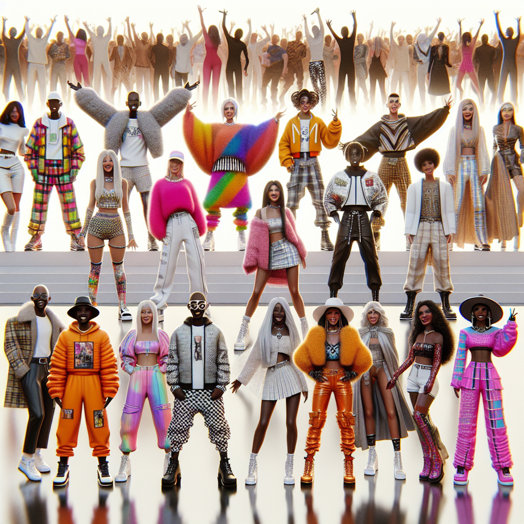 Imagine a scene displaying a variety of stunning outfits designed for a pop music concert. The ensemble includes a mix of edgy streetwear, chic and fashionable styles, and eclectic avant-garde pieces. Each outfit is unique and has its own stand-out features that one would choose to impress, such as vivid colors, trendy cuts, sequins or glam details. People of different genders and descents, such as Caucasian and South Asian males, a Black woman, and a Middle Eastern non-binary individual, wearing these outfits confidently. They are clearly excited and ready to enjoy the concert. The focus is on the different textures, colors, and styles of the clothing and should evoke a joyful and thrilling concert environment.