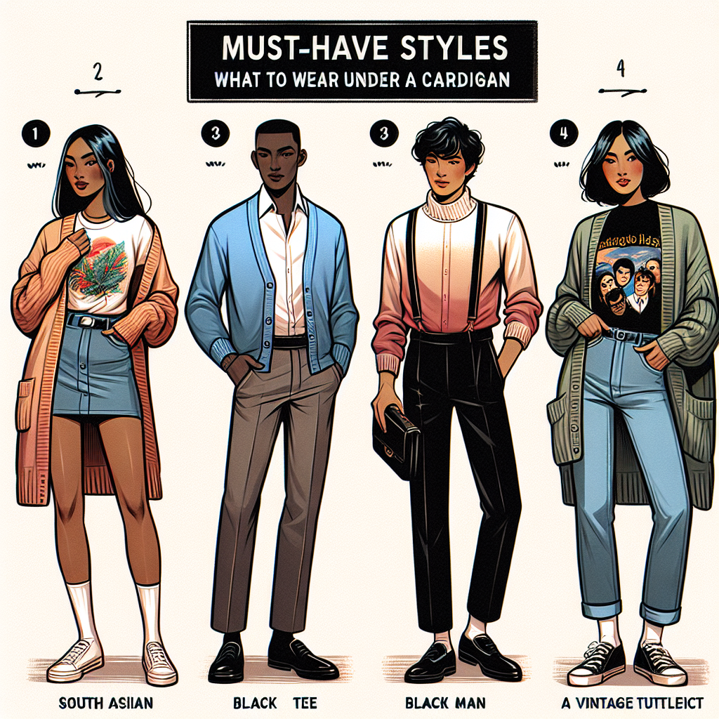 Illustrate a fashion guide showcasing a variety of must-have clothing styles to be worn under a cardigan. Imagine four distinct styles, represented by four figures of different descents. Include a South Asian woman casually wearing a graphic tee, a Black man in a formal dress shirt and tie, a Caucasian woman in a chic turtleneck, and a Hispanic man in a vintage band t-shirt. Ensure that the cardigans they wear each have distinct color and design, representing a range of styles from casual to formal. Insert a title at the top of the image that says 'Must-Have Styles: What to Wear Under a Cardigan'.
