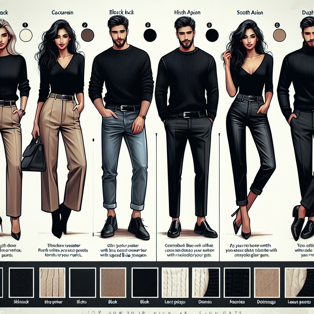 What Pants to Wear with a Black Sweater: Top Picks! Imagine a fashion infographic showcasing the top picks of pants styled with a black sweater. The first outfit showcases a professional Caucasian woman wearing a black cashmere sweater paired with beige office trousers. The second outfit shows a laid-back Black man sporting a slouchy black sweater with faded blue jeans. The third ensemble features a chic Hispanic woman combining her black knit sweater with leather pants. Finally the fourth example exhibits a South Asian man dapperly pairing a button-up black sweater with dark grey formal pants. The infographic also includes short descriptions and style tips for each outfit.
