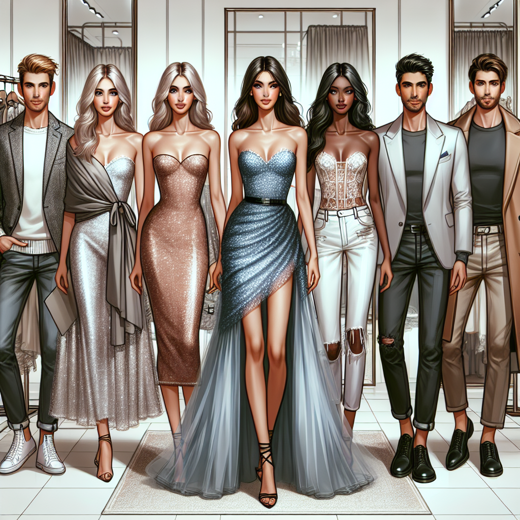 A fashion-forward ensemble featuring a strapless dress complemented by an array of stunning cover-ups. Visualization should include a coat, a shawl, and a blazer as cover-up options. Different descendents and genders should be represented by a group of fashion-savvy individuals, each with distinct personal style: a Middle-Eastern woman, a Caucasian man, an Asian woman, and a Black man. The setting is a stylish boutique with neutral tones, mirrored walls, and an array of carefully curated dresses and accessories on display.