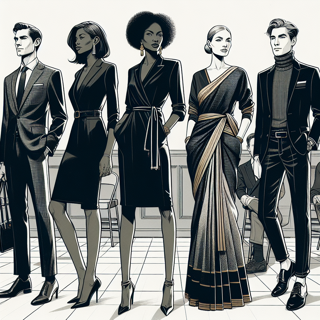 Exclusive Jury Outfits: Dress to Impress Effortlessly Visualize an elegantly dressed, diverse selection of six individuals standing in line: a Middle-Eastern man in a polished suit, a Black woman wearing a classic black dress, a Caucasian woman in a tailored pantsuit, a Hispanic man in semi-formal attire, a South Asian woman sporting a traditional saree with a modern twist, and a East Asian man in a stylish turtleneck and blazer. There's an aura of sophistication and preparedness that radiates from these jurors, reflecting the article's theme of effortless dress for jury duty.