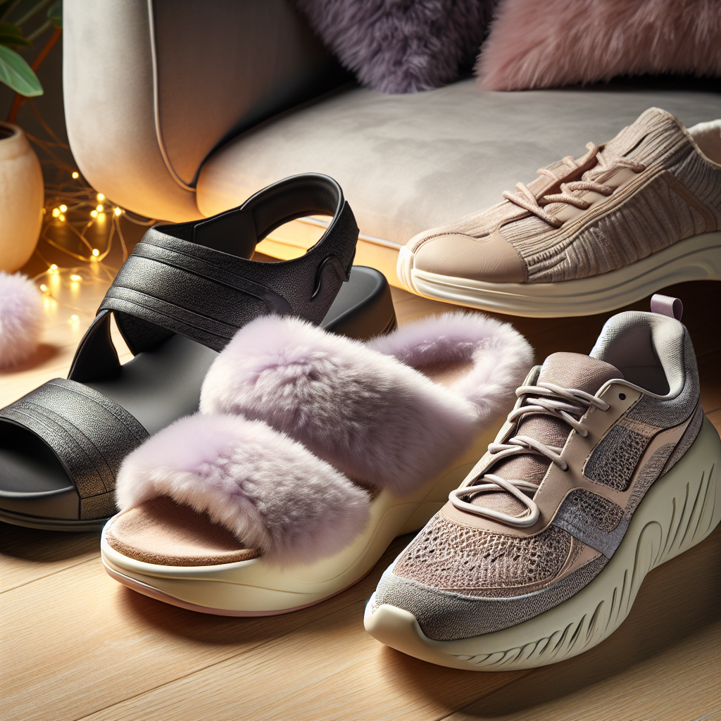 A display of three different types of shoes ideal for someone with a sprained toe: A black open-toe orthopedic sandal with a cushioned insole, a soft lavender slip-on house shoe lined with faux fur, and a breathable sports shoe in neutral gray with extra space around the toe area. All shoes are on a polished wooden floor under soft, glowing light, suggesting comfort and relief. In the background, there's a feather patterned cushion for added emphasis on comfort.