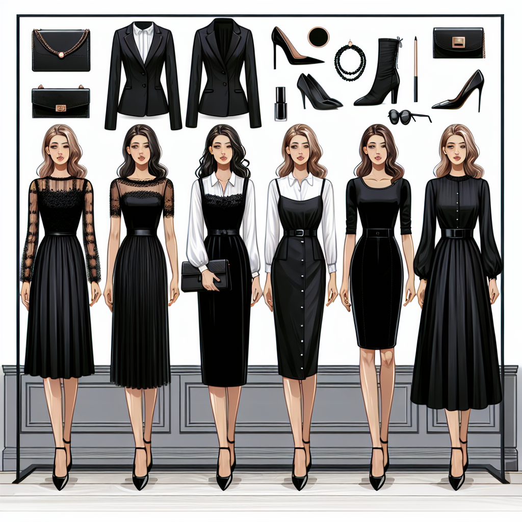 Create an image of a fashionably curated showcase, displaying various choices of elegant funeral attire for women. Illustrate a range of outfits that could include a chic black dress with a modest neckline and sleeves, a classic black suit paired with a white blouse, a tasteful black skirt coupled with a simple, stylish black top, and a set of coordinated black accessories. Make sure to add a tastefully elegant ambiance to the scene, complementing the sophistication and respectfulness of these outfits. Ensure a balanced representation of women from different descents like Caucasian, Black, Hispanic, South Asian, and Middle-Eastern.