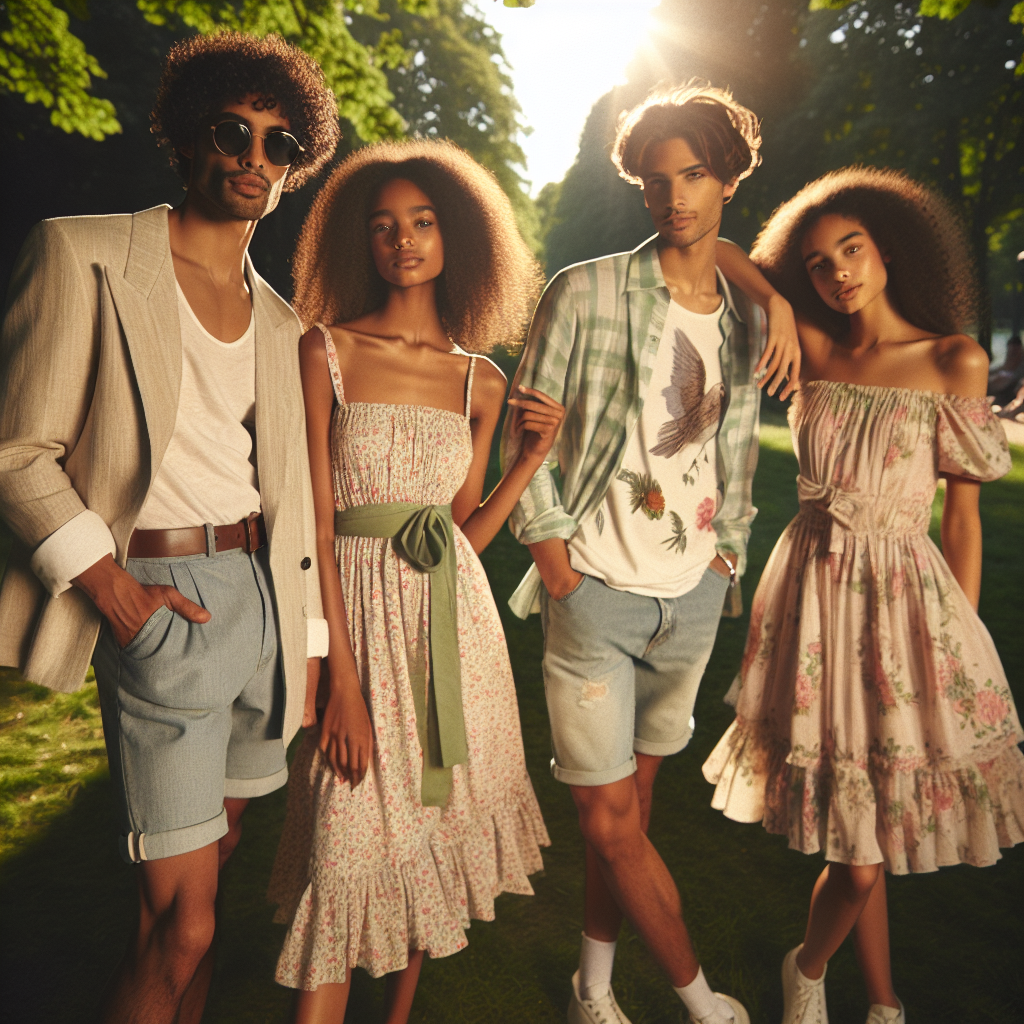 Imagine a summer family reunion scene at a park. The sun dapples through the lush green trees, casting a warm glow over the scene. Depict a family of five in the scene, each styled impeccably. The father, of Middle-Eastern descent, is in a crisp linen suit, sunglasses perched atop his head. The mother, a Black woman, wears a beautiful floral summer dress, her curly hair kept in a neat bun. Their teenage son, of mixed race, is donning casual cool with a graphic tee and denim shorts. Their two daughters, one being Caucasian and the other Asian, wear matching pastel sundresses. Let each outfit reflect their individual personalities and the carefree joy of summer.