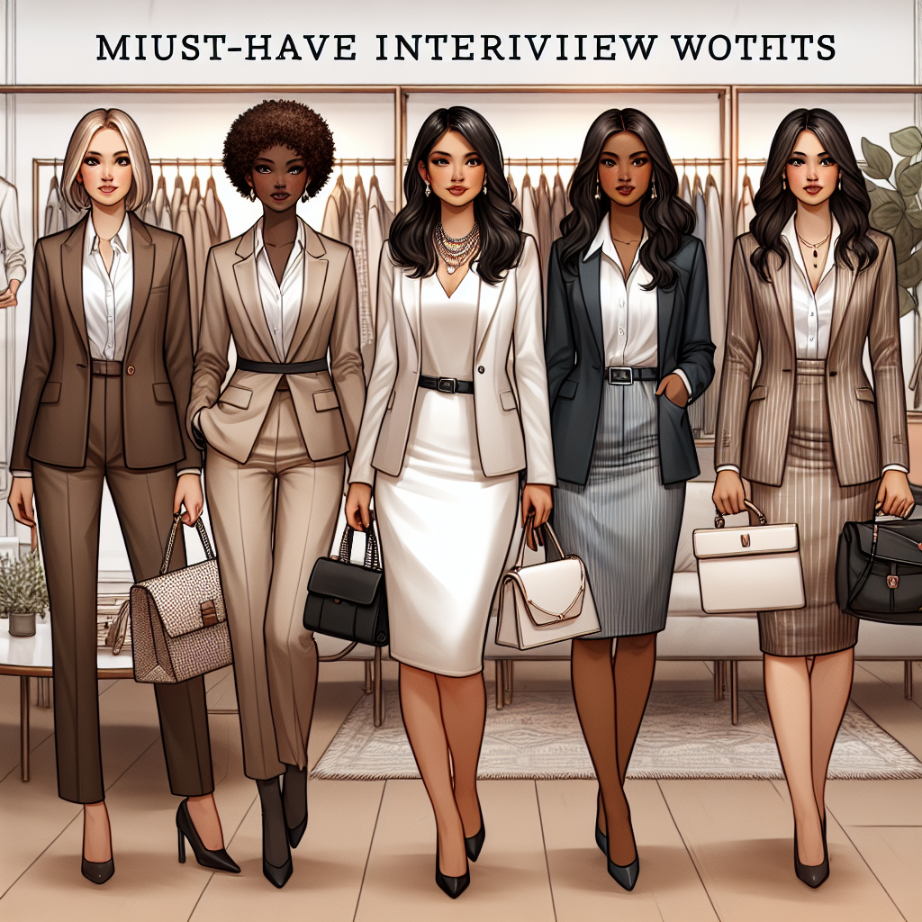 Imagine a detailed scene illustrating must-have interview outfits for every woman. Picture six different women of various descents, Caucasian, Hispanic, Black, Middle-Eastern, South Asian, and East Asian, each impeccably dressed in suitable interview attire. Some are wearing tailored blazers and skirts, others are in sleek business suits, and a few are in stylish dresses paired with chic accessories. Their expressions brimming with confidence, ready to conquer their respective interviews. The setting is a modern, well-lit boutique focusing on professional clothing. All outfits are of neutral hues, showcasing elegance and professionalism.