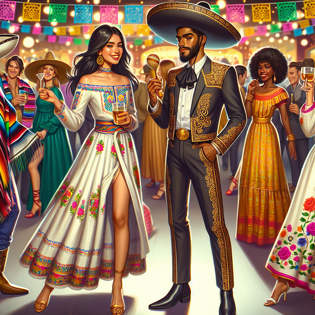Envision a lively celebration for a themed party inspired by Mexican tradition and culture. You see a variety of party-goers showcasing their outfits. In one area, there's a woman of Middle-Eastern descent wearing a colorful embroidered blouse and a long, flowy skirt. Nearby, a man of black descent is dressed in a traditional charro suit, exuding elegance with its gold embroidery. A group of South Asian women are sporting vibrant rebozos, while a white man is playfully wearing a sombrero and carrying a pair of maracas. The atmosphere is vibrant and jubilant, filled with Mexican iconography.