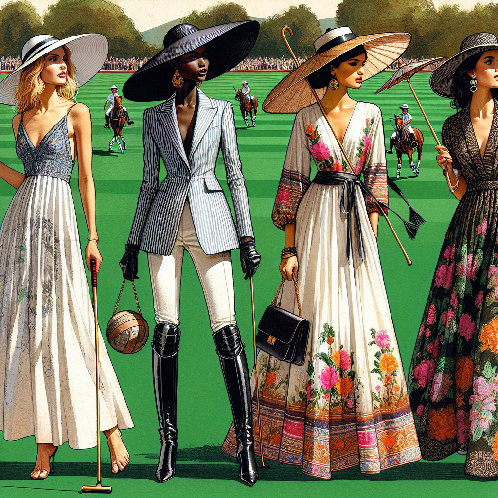 A fashion-focused composition featuring four women of different descent, each demonstrating striking attire for polo matches. The first woman, Caucasian, is wearing a chic sundress paired with a large floppy hat for sun protection. The second woman, Black, is showcasing a tailored blazer with riding pants, exemplifying both style and practicality. The third woman, Middle-Eastern, has chosen a flowing maxi dress decorated with floral patterns, combined with a stylish parasol. The last woman, South Asian, is donning a sophisticated jumpsuit accessorized with a clutch bag. Background includes the vibrant green field of a polo match.