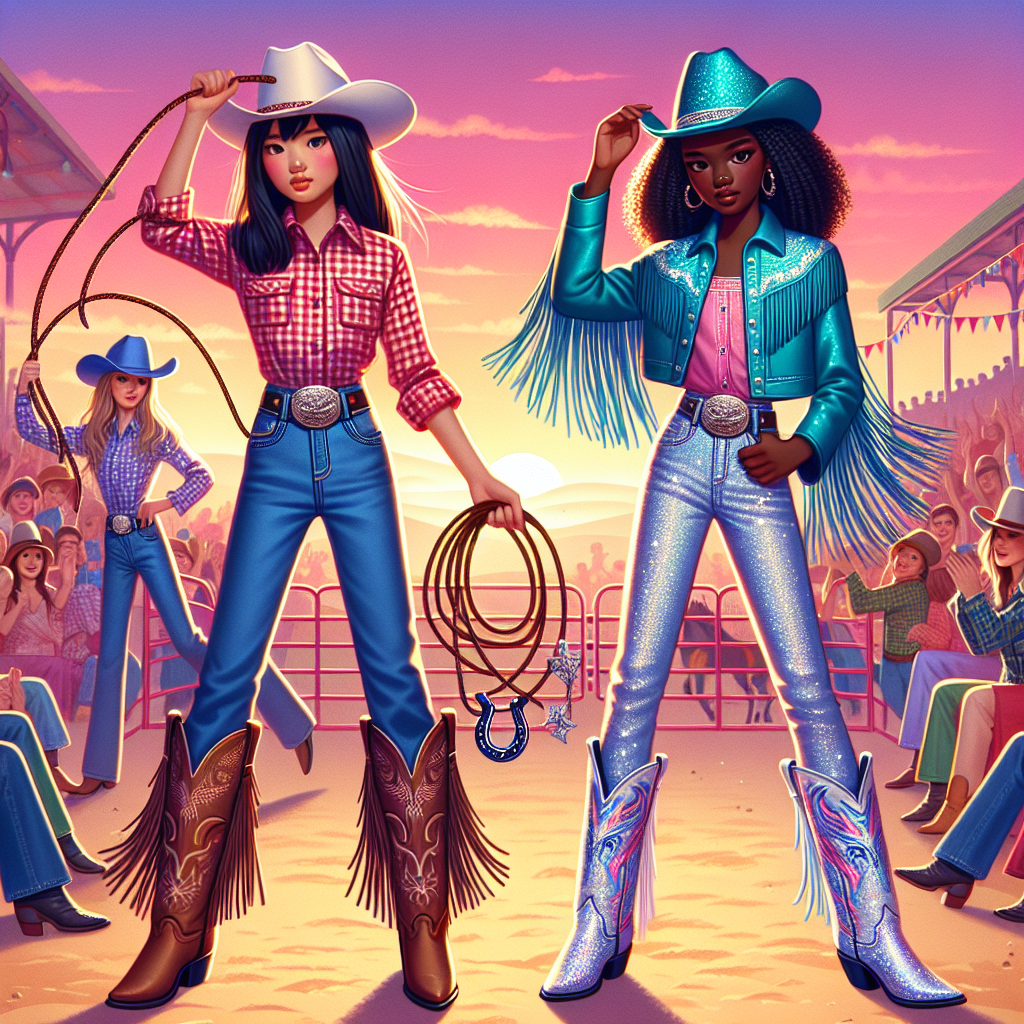 Discover Must-Have Rodeo Outfits for Girls Imagine a scene at a country fair with two young girls showcasing their trendy rodeo outfits. One girl, with an Asian descent, is dressed in a red checkered shirt, blue jeans with leather chaps, cowboy boots, and a white cowboy hat. She is holding a rope lasso in her hand. The other girl, of African descent, is seen in a vibrant turquoise fringed leather jacket, a pair of sparkling silver jeans, black cowboy boots, and a sparkly pink cowboy hat, while holding a decorated horseshoe. A colourful sunset and cheering crowd form the backdrop of this lively scene.