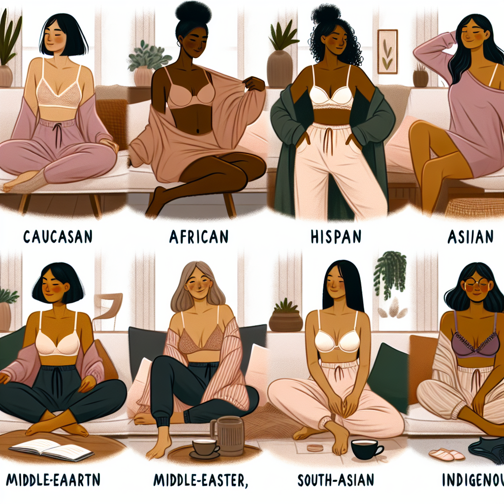 Stunning Alternatives to Bras for Comfy Replica Luxury Handbag Wear Illustrate a variety of comfortable home wear alternatives to bras aimed at promoting comfort and freedom. Show seven diverse women of different descents: Caucasian, African, Hispanic, Middle-Eastern, Asian, South-Asian, and Indigenous, each showcasing a different alternative. Options can range from oversized sweatshirts, camisole tops, bralettes, or even loose tunics. The environment should be cozy, perhaps with soft lighting and tasteful, relaxing decor in a living room setting. Show the women demonstrating various casual activities like reading, drinking coffee, or simply relaxing, highlighting comfort and ease.
