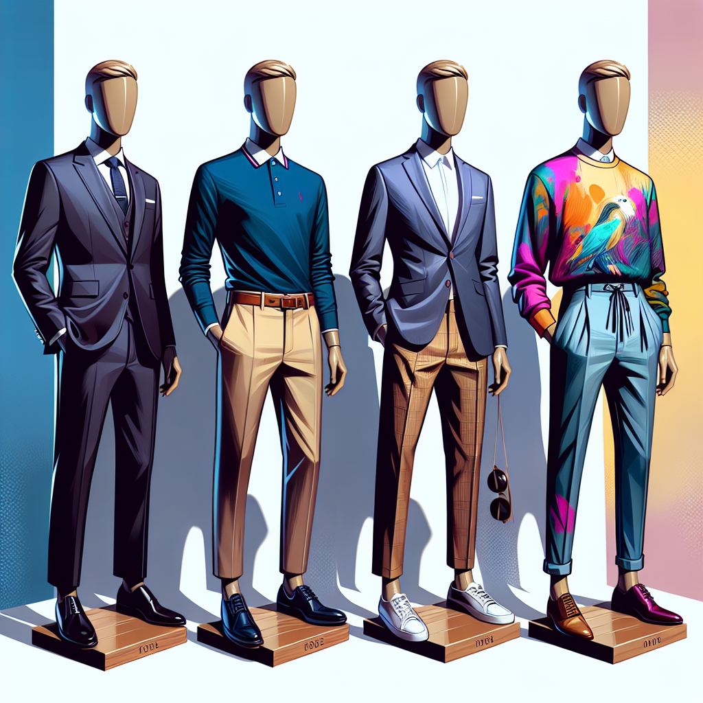 Create an image showcasing different professional attire suitable for actors' headshots. Depict four outfits on mannequins: one should display a traditional business suit, another a business casual outfit with a polo shirt and slacks, the third should be a smart casual outfit with a trendy sweater and tailored jeans, and lastly, a bold, creative outfit featuring an artistic blouse and colorful accessories. Illustrate the scene in vibrant colors, with a minimalist background so the focus remains on the outfits. Ensure equal diversity in the sizing of the clothing to represent different body types.