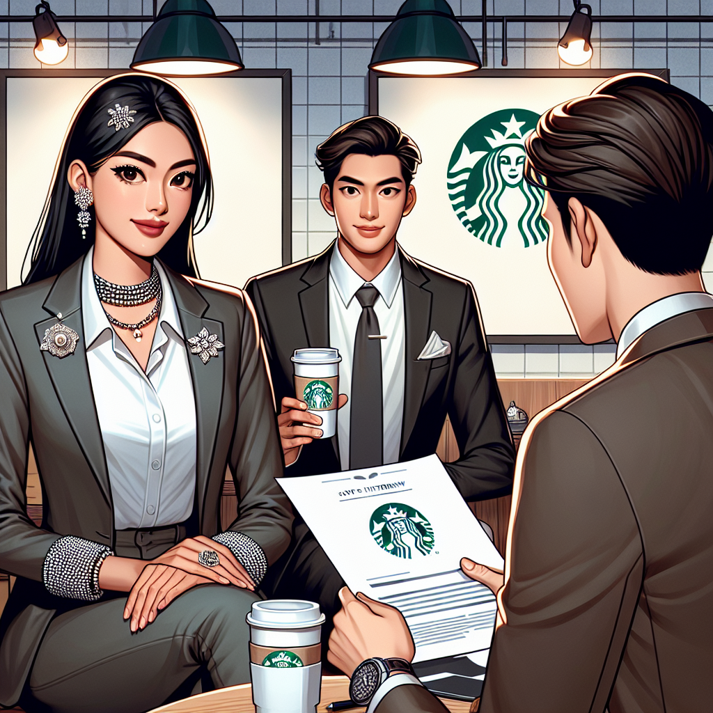 Must-Have Outfits for a Starbucks Interview Create an image featuring a scene of a job interview. The setting is a Starbucks cafe. The primary character is a confident South Asian woman, dressed smartly and appropriately for an interview. She is wearing a sophisticated, yet stylish blazer, embellished with tasteful accessories. There's also an East Asian man in a neat suit, holding a Starbucks coffee cup and checking a document - presumably the resume. The Starbucks logo is visible in the background. The overall atmosphere is amicable and professional. Please note that all individuals should be depicted as confident and ready for their interview.