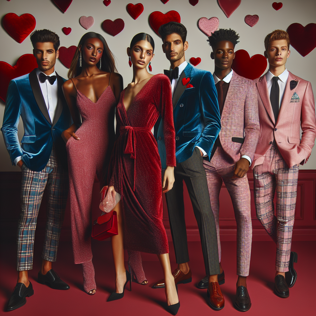 A visually intriguing fashion spread for Valentine's Party outfits. The scene features a diverse range of individuals showcasing their style. There are six individuals, two of each gender, and each of a different descent: a Caucasian man wearing a stylish blue velvet suit, a Hispanic woman in a chic, sparkly red dress, a Middle-Eastern woman sporting an elegant burgundy jumpsuit, a Black man in a trendy red and white checkered suit, a South Asian man in a charming pink linen suit, and a White woman in a trendy hot pink dress. They all stand confidently, their outfits complementing Valentine's Party themes.