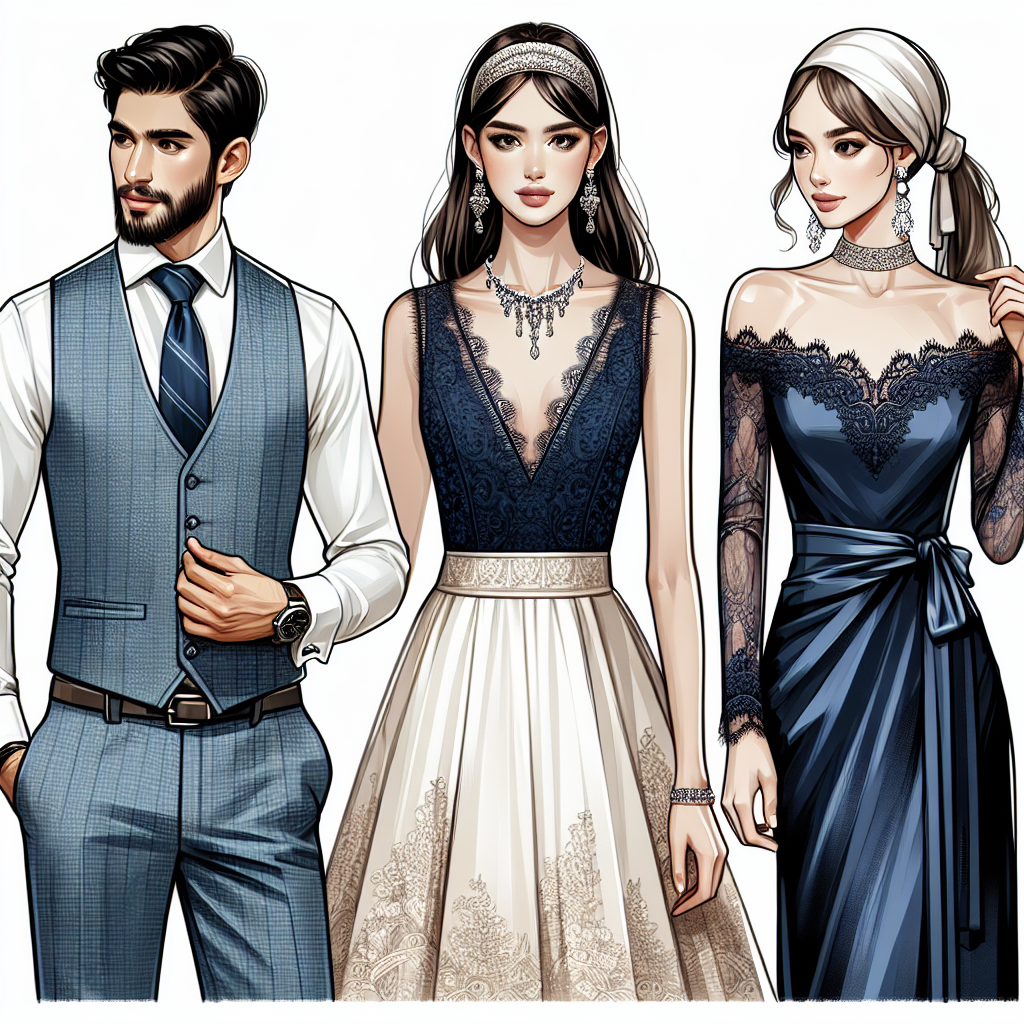 An illustration showcasing three individuals who are dressed up for a wedding event. One individual is a Middle-Eastern man with a sharp, well-groomed beard, wearing a light blue vest over a light crisp white shirt, pairing it with dark trousers. Another person is a Caucasian woman in a navy blue lace vest and elegant cream colored gown, with an intricate pearl necklace adorning her neck. The third person is an Asian woman, expressing her style in a darker blue, silk textured vest over an off-shoulder dress, complemented with silver statement earrings. They all wear items that embody sophistication and elegance.