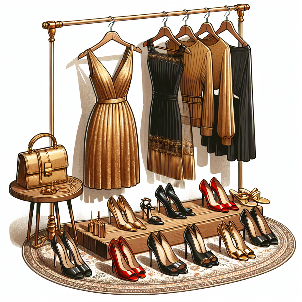 Must-Have Shoes for Your Stunning Gold Dress Visualize a scenario displaying several styles of must-have shoes suitable for a stylish gold dress. The shoes can range from classic black stilettos, open-toe heels in a matching gold tone, to bold red pumps. Add a luxurious gold dress on a wooden clothes hanger for context. Also, include a stylish rug as the shoes' display platform. You can decide to add an additional accessory like a purse or necklace to add some variety. Keep the mood of the illustration chic, and classy.