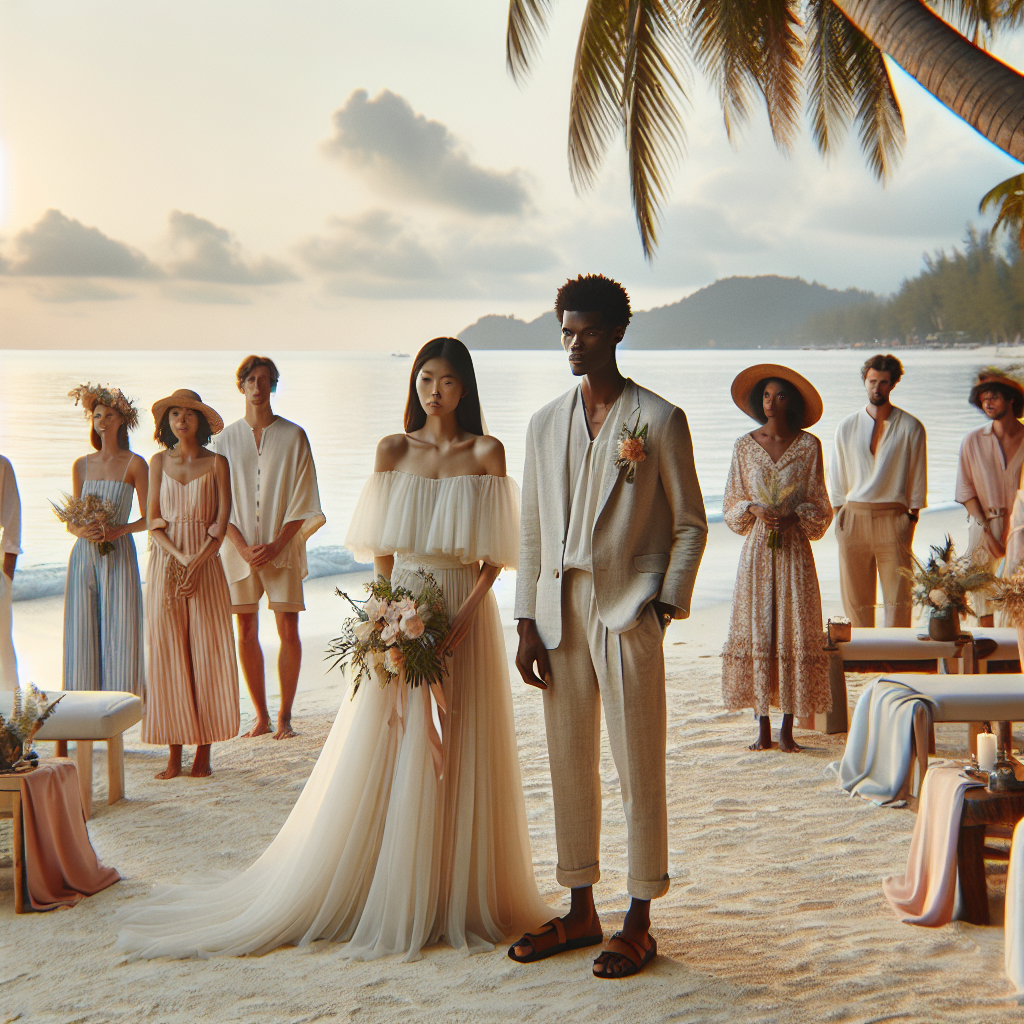 Stunning Beach Wedding Attire: Effortlessly Chic Choices Capture a soothing scene on a sandy beach under the soft glow of the setting sun. In the foreground, picture a diverse group of people assembled for a wedding ceremony. An Asian bride in a flowy, off-white, chiffon wedding gown stands next to a tall, African groom in a casual, but sophisticated, linen suit with wooden accessories. Around them, you can see attendees of various descent carrying the same chic, beach wedding vibe through their clothing - think pastel linens, bold floral prints, and straw hats. In the background, include the serene ocean and leaning palm trees, completing the tranquil beach wedding setting.