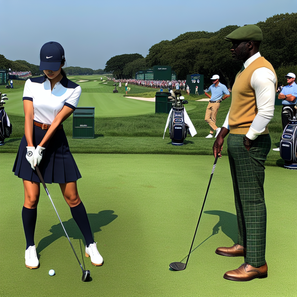 Must-Have Styles for Professional Golf Events An outdoor scene at a professional golf event. To the left, a South Asian woman wearing classy golf attire – a tailored navy golf skirt, crisp white polo shirt, matching navy cap, and comfortable golf shoes. She is preparing for her swing with perfect concentration. To the right, a Black man observes her, dressed in traditional golf attire – a smart green checked trouser, a yellow sweater over a white shirt, a matching green flat golf cap, and brown golf shoes. The course is well-groomed, surrounded by lush green trees and blue skies. Golf carts and spectators can be seen in the distance.