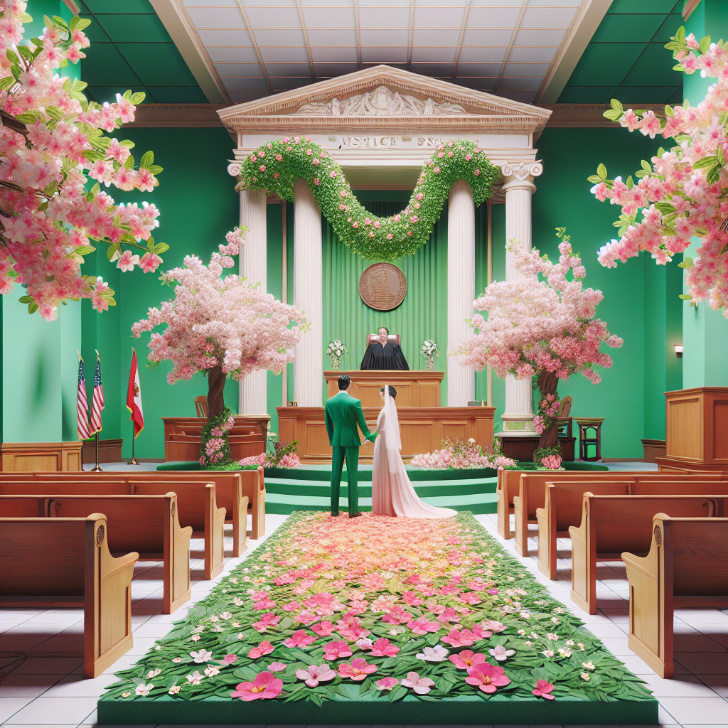 Must-Have Spring Colors for Courthouse Weddings Imagine a meticulously organized and brightly lit courthouse staged for a springtime wedding. The dominant aesthetic of the scene features two primary colors: a vibrant, radiant emerald green representing the freshness of spring, and a soft, plush pink symbolizing the blossoming love. Visualization of an aisle made of cherry blossom petals leading to the justice's bench, adds a gentle touch of romance. One can also see a happy couple; a Hispanic groom in his emerald green tie and Caucasian bride in a delicate pink dress, standing under a beautifully crafted arch of tender green leaves and bright pink blossoms.