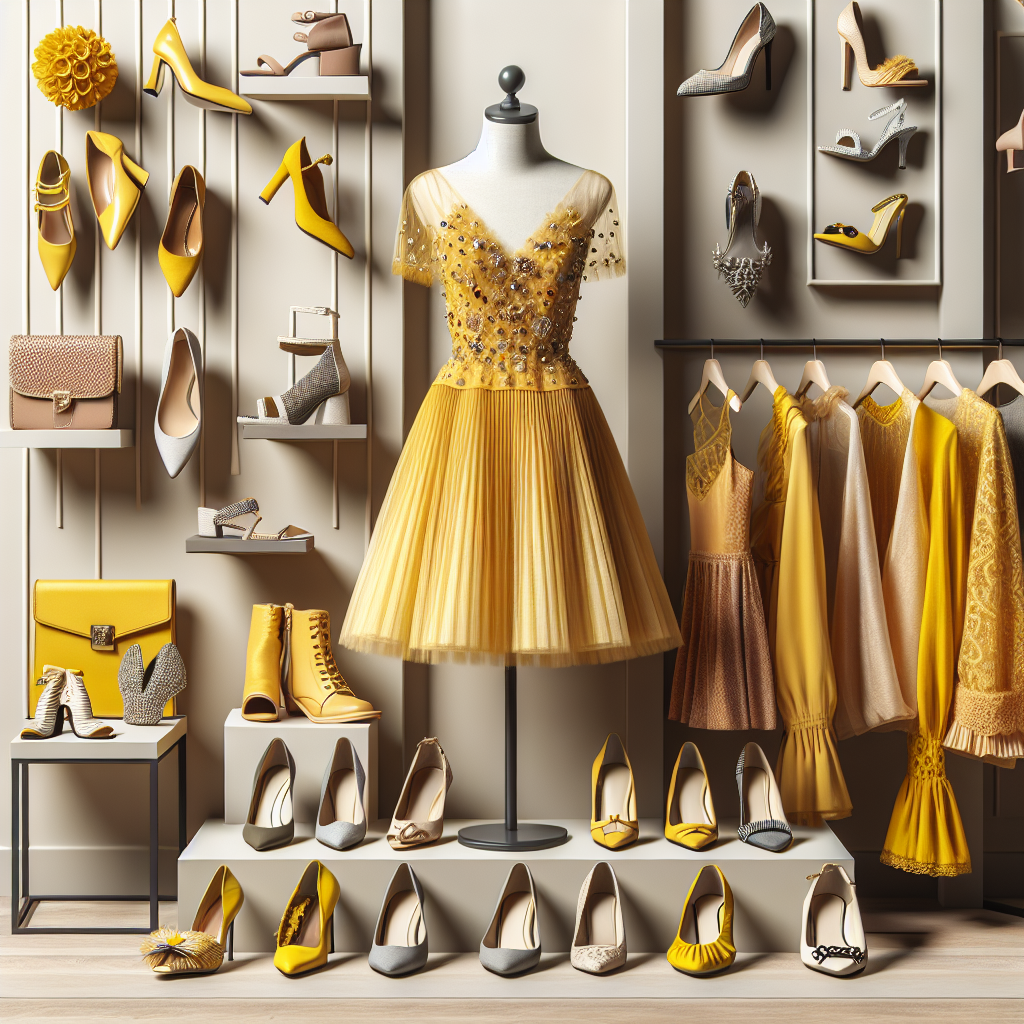 Imagine an expertly curated array of must-have shoes for complementing a yellow dress. The collection includes varying styles and types of footwear, from chic heels to comfortable flats, in a range of colors that expertly match a yellow dress. Some shoes are monochrome while others flaunt intricate multi-colored patterns. A few of them might have jewel embellishments adorning them. The shoes are arrayed on a sophisticated display stand against a simple backdrop to accentuate their features. Add a tastefully arranged yellow dress draped on a mannequin nearby, coordinating impeccably with the featured shoes.
