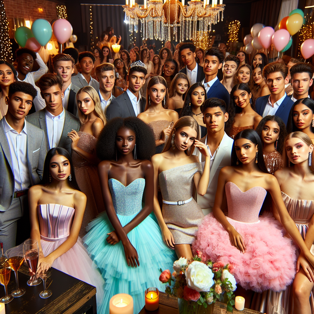 A vibrant and diverse ensemble of multiple party guests adorned in gorgeous Quinceanera guest outfits. Picture a variety of styles - from floor-sweeping ball gowns, to tailored suits, to chic cocktail attire. Include a group of people consisting of Caucasian, Hispanic, Black, Middle-Eastern, and South Asian descent, with a balanced representation of different genders. They are in a beautifully decorated venue with chandeliers, balloons, and fairy lights, capturing the festive spirit of a Quinceanera. Everyone is socializing and having a good time, showcasing the youthfulness and joy of the occasion.
