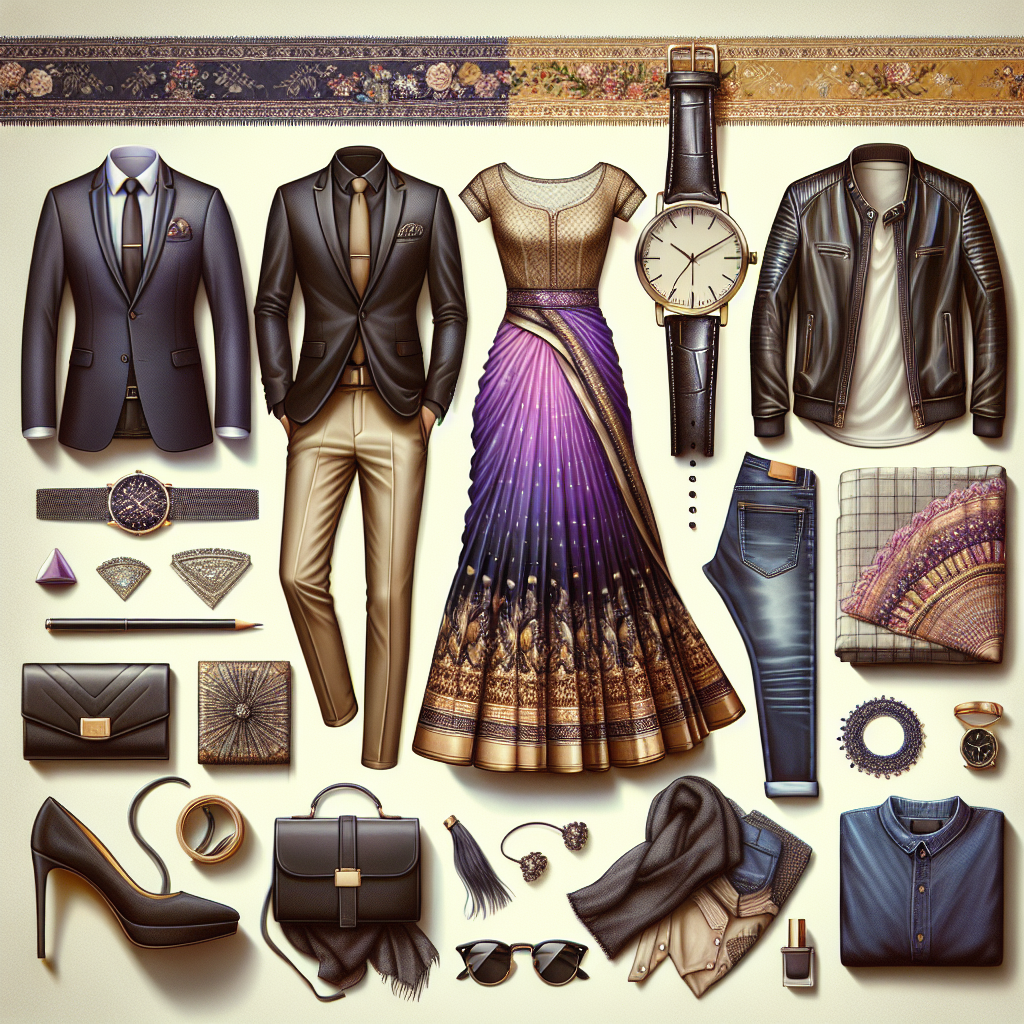 What to Wear to a Night Out: Stunning Choices! Imagine a collection of fashionable clothing options for a night out. On one side, visualize a masculine attire with a sleek black suit and a stylish tie, suitable for a Caucasian man. Next, picture an ensemble for a South Asian woman, representing elegance with a contemporary twist on a traditional saree in vibrant shades of purple and gold. Lastly, envision a Hispanic man dressed in a casual chic style featuring a crisp white shirt, leather jacket, and dark jeans. Scatter some accessories like a stylish watch, a charming bracelet and a dainty clutch bag amid the clothing for a complete style statement.
