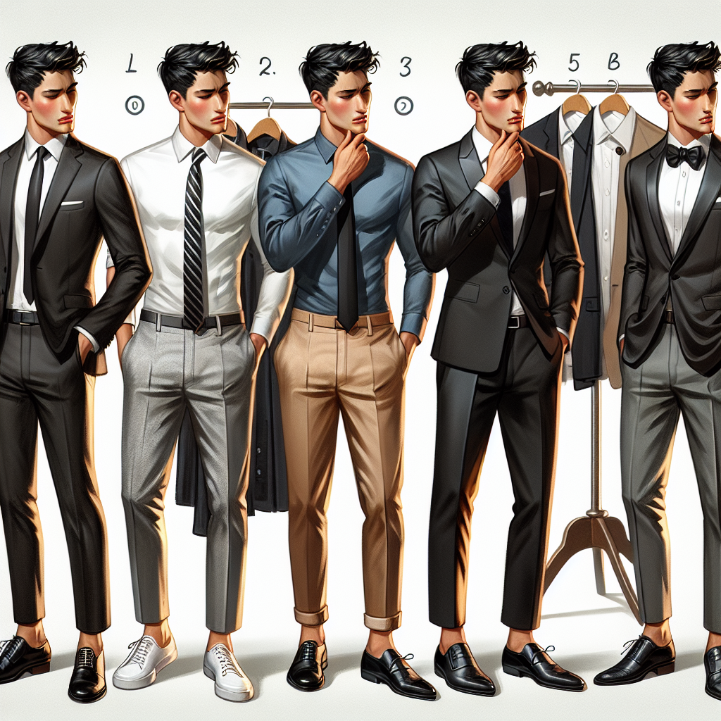 Creating an image that illustrates a comprehensive style guide for men in coordinating their attire with a black dress. The image should demonstrate a variety of clothing options showcasing a mix of formal and semi-formal men's attire appropriate for differing occasions. To represent diversity: (a) depict a Middle-Eastern man with slender build considering a tailored dark charcoal gray suit, white shirt, and black and silver striped tie, (b) an Asian man of athletic build looking at dress-casual options with tan chinos, a crisp blue button-down and classic black loafers, and (c) a Black man with a muscular build musing over a formal black tuxedo ensemble with a bow tie. Showcase the attire on hangers or mannequins, with each man contemplating their options.