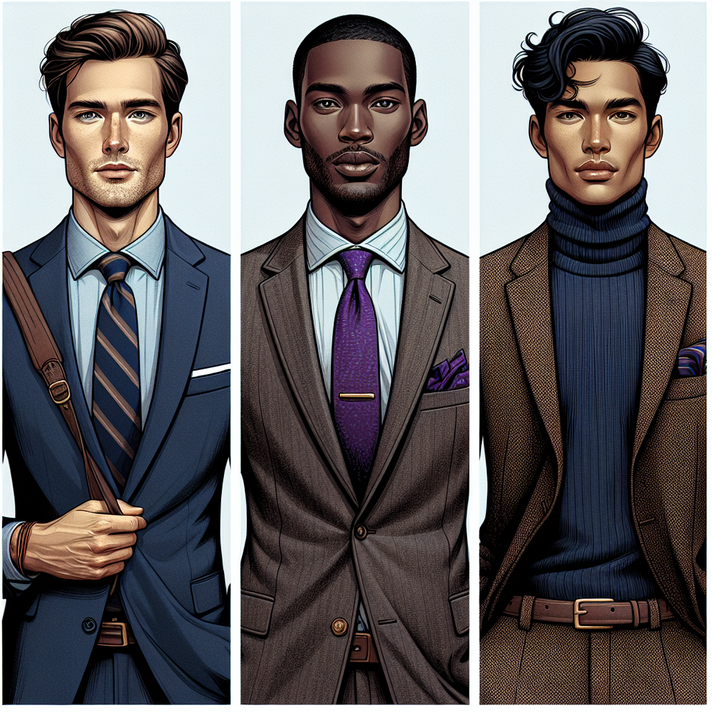 An image representing job interview attire for men. It features three different men, each showcasing a unique style. The first man, of Caucasian descent, is seen in a navy blue business suit, with a crisp white shirt and a striped tie. The second man, of Black descent, is wearing a well-tailored grey suit, a vibrant purple tie, and a patterned pocket square. The third man, of South Asian descent, is depicted in a black turtleneck, a brown tweed blazer along with matching trousers. They all give off a professional and stylish vibe, ready for their respective job interviews.