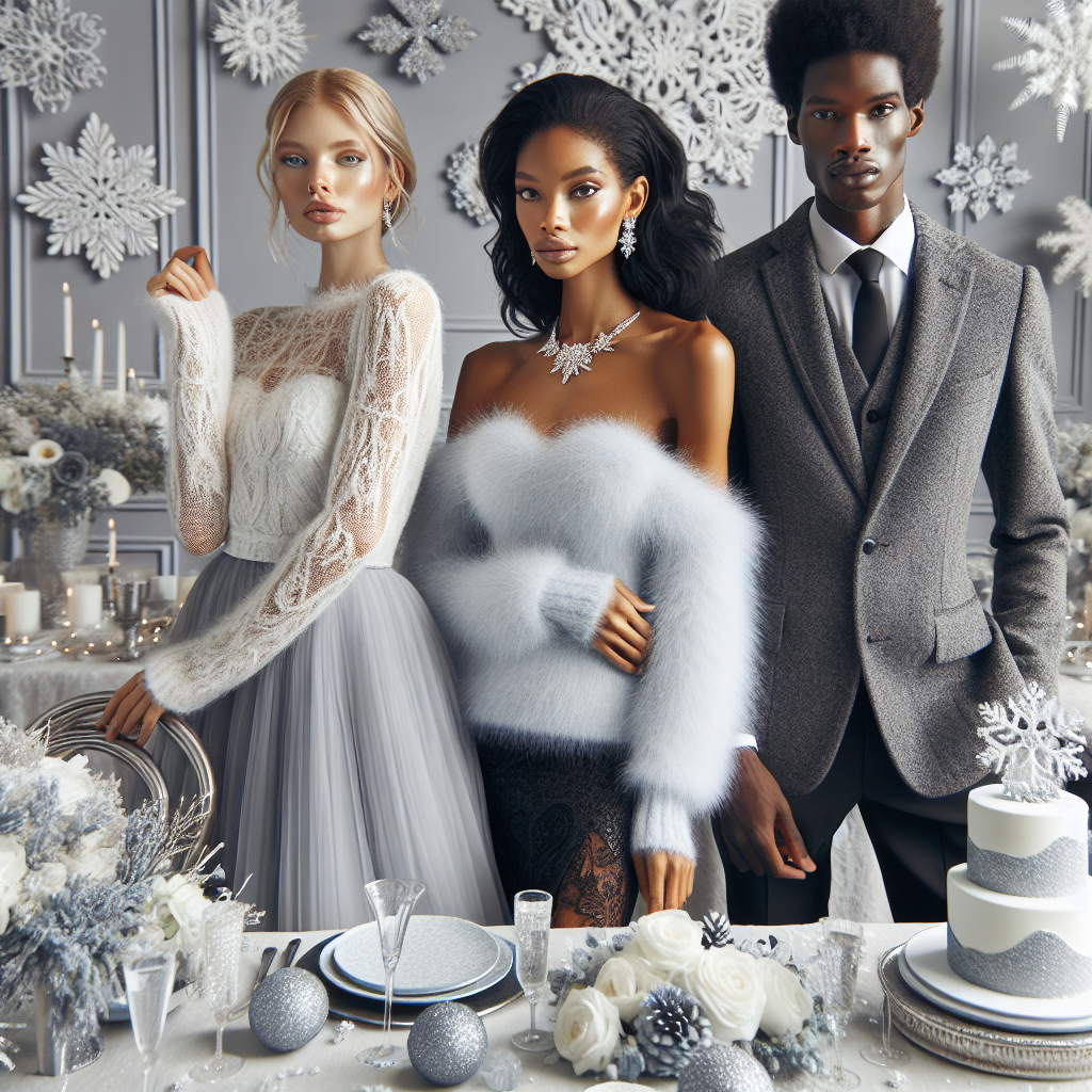 Winter Bridal Shower Styles: Exclusive & Effortless Create a sophisticated winter scene with three people in the center, at a bridal shower. There's a lady of Black descent in an elegant icy blue off-shoulder lace dress, another woman of Middle-Eastern descent donning an exquisite white cashmere sweater with a stylish faux fur collar, and a man of South Asian descent in a formal grey tweed suit. They are surrounded by silver-white winter decorations with crystal accents, lavish white flowers, fluffy snowflake ornaments, and a beautifully decorated winter-themed cake on a table near them, implying the exclusivity and effortless elegance of winter bridal shower style.