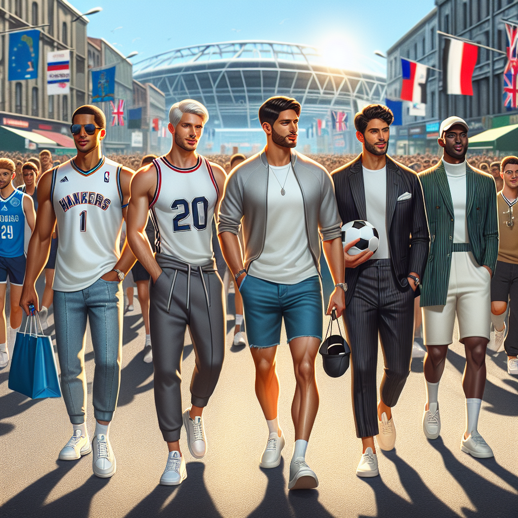 A busy street in a city on a bright, sunny day, filled with crowds of sports fans heading towards a large stadium in the distance. Among them, focus on a group of four stylish men walking together. The first is a tall, Caucasian man wearing trendy sunglasses, a team jersey with jeans and holding a baseball cap. Second, a muscular Hispanic man sporting a basketball jersey, shorts and a pair of fashionable sneakers. The third is a lean, black man donned in an elegant football hoodie, joggers, and suede loafers. Lastly, a Middle-Eastern man is depicted wearing a neat soccer scarf, cap and a comfortable twin set. Each of them carries some game day essentials - stadium reusable cups, cushions, binoculars, and team banners - showing that they're ready to enjoy the game in style.