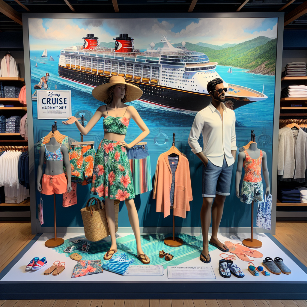 A detailed shop display consisting of a variety of cruise wear and accessories that are ideal for travellers. In the center, a Caucasian woman proudly displaying her tropical-themed outfit complete with a sun hat, and a Black man showcasing a comfortable but stylish, smart casual outfit. On a nearby rack, a diverse selection of children's clothing is placed, including swimwear, sunglasses, and beach shoes of various vibrant colors. In the background, an impression of the cruise liner is depicted, evoking the fun and excitement of a vacation at sea. Also, include a sign in the scene saying 'Disney Cruise Outfits: Find Your Must-Have Looks'.