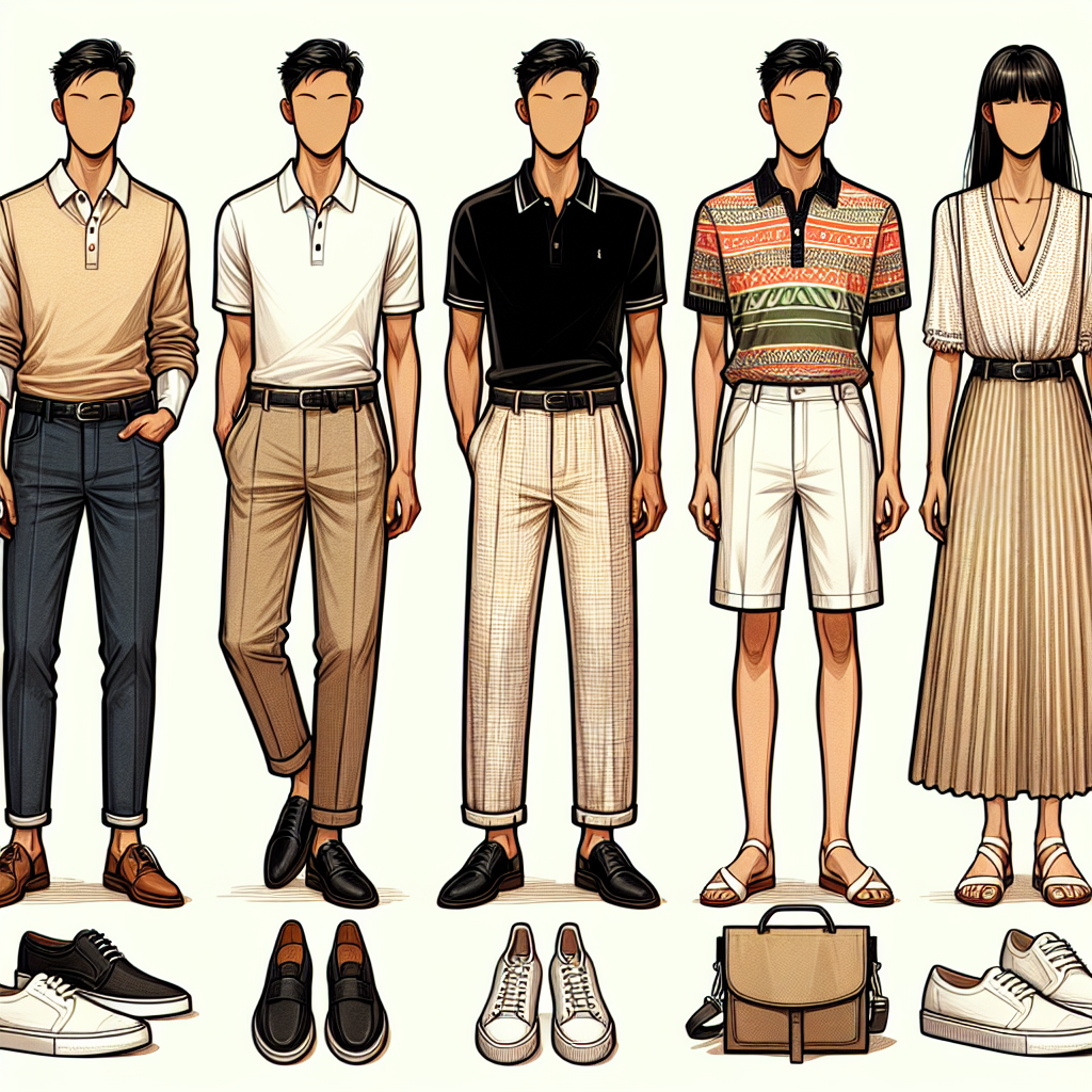 Visualize an informative graphic for a fashion-based article which revolves around styling a polo shirt. Display a variety of outfit combinations, including a light-colored polo paired with tailored dark denim jeans and brown loafers for a male of South Asian descent; a black polo shirt styled with beige chinos and white sneakers for an East Asian female; a vibrant, patterned polo complemented by white linen shorts and strappy sandals on a Black male; and a neutral-toned polo with pleated midi skirt and ankle boots for a white female. Ensure the overall theme of the illustration is style-focused and informative.