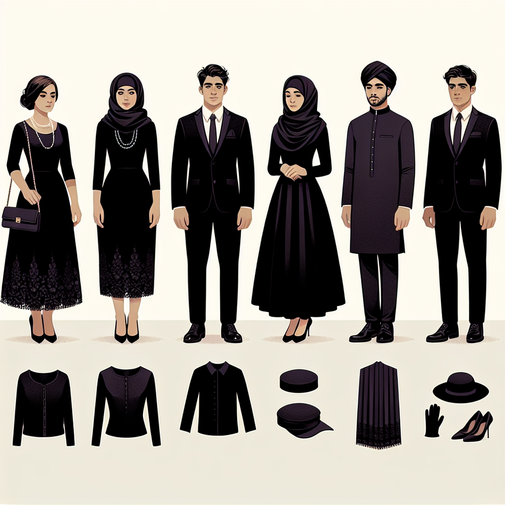 What to Wear to a Wake: Elegant, Respectful Choices Design a visual guide for what to wear to a wake, exhibiting tasteful and appropriate options for different genders and descents, devoid of any real-life figures. The image includes four individual depictions: a Hispanic female in a modest black dress paired with a pearl necklace, a South Asian male in a dark traditional kurta, a Caucasian male in a formal black suit with a subdued tie, and a Black female in a minimal dark blouse and skirt ensemble. Also, show some accessories like black hats, gloves, and umbrellas, symbolizing respect and sorrow.