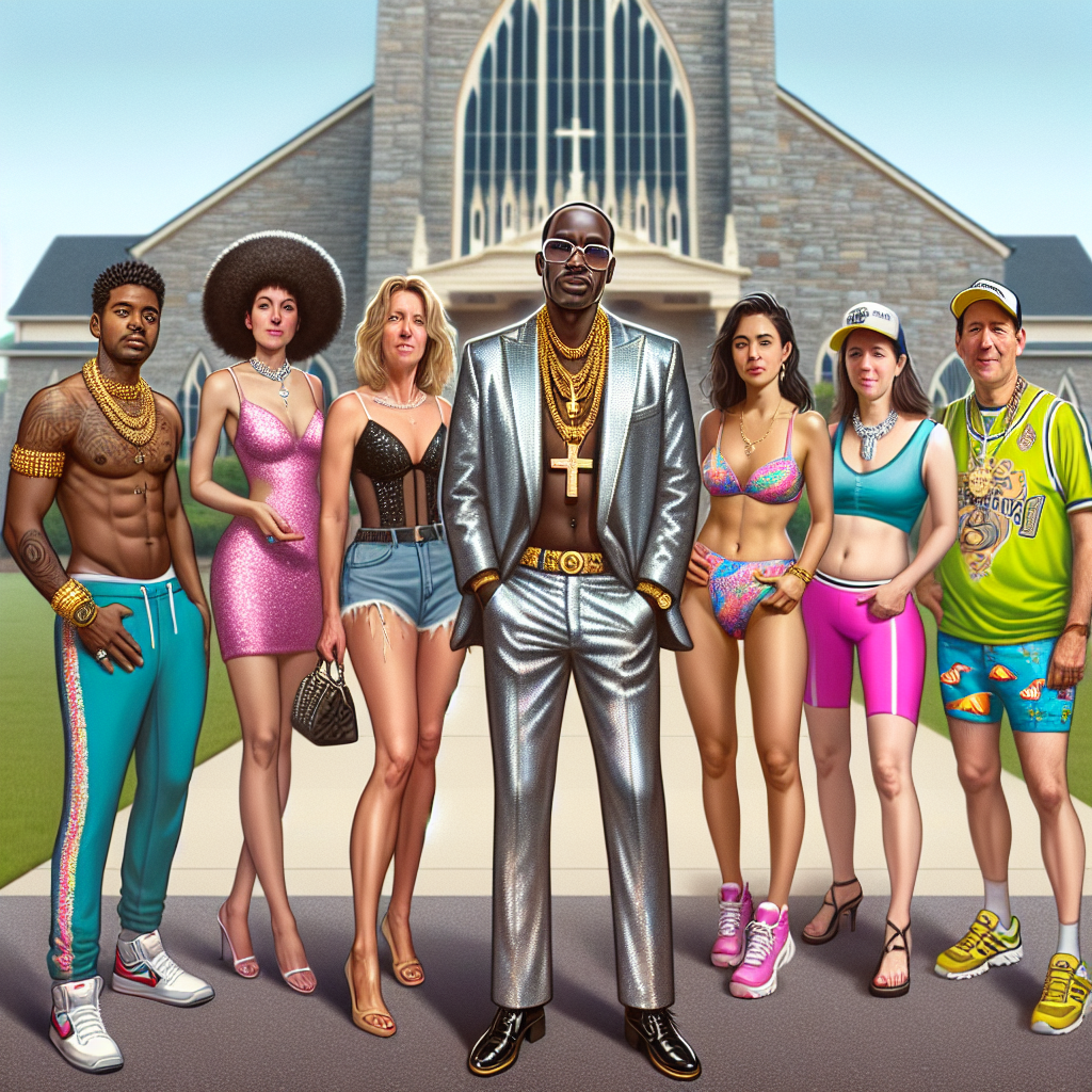 Create an image that reflects the concept of inappropriate attire for a baptism. Visualize a variety of people of different genders and descents in different kinds of outfits, each showing a glaring fashion faux pas for a religious occasion. The individuals could range from a young black man in a flashy disco suit with a massive gold chain, to a middle-aged caucasian woman in a mini-skirt and high heels, to a south asian lady in a neon spandex workout gear, and a hispanic gentleman in a tropical beach outfit. All are standing near a church to contrast with the sanctity of the location.
