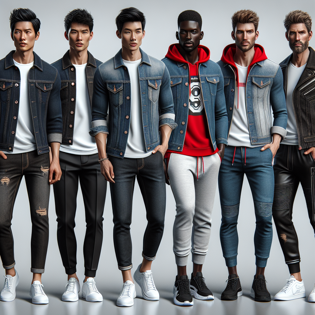 Visualize a fashion-themed scene showcasing several stunning and effortless jean jacket pairings for men. The first man, an Asian man in his mid-thirties, wears a dark blue jean jacket over a crisp white t-shirt, paired with black jeans and white sneakers. The second man, a Black man in his twenties, sports a faded blue jean jacket with a bright red hoodie underneath, matched with grey jogger pants and black running shoes. Finally, an older Caucasian man in his fifties presents a stylish biker look with a black jean jacket, white graphic t-shirt, black leather pants, and black boots. All of them pose confidently, showcasing their diverse yet unified fashion sense.
