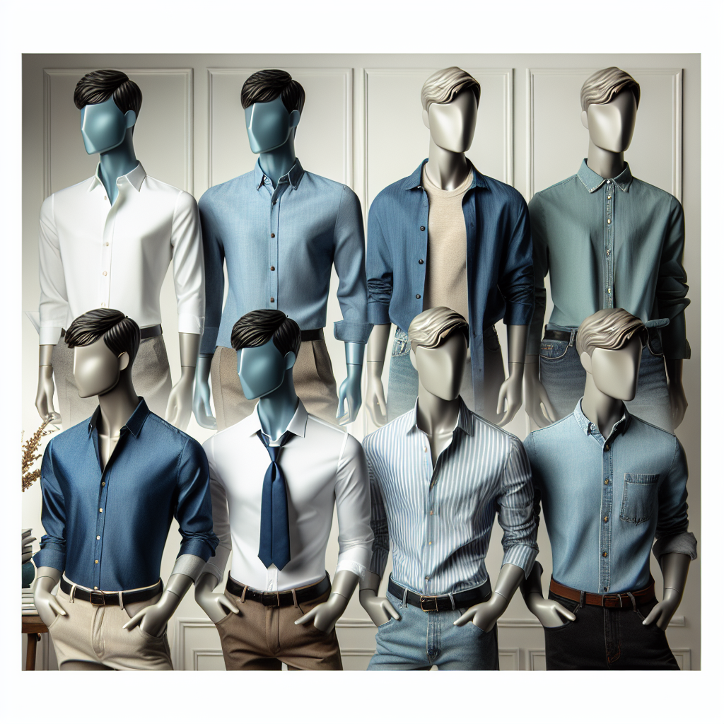Create a vibrant display of six must-have shirts for a chic, effortless professional look at work. The first shirt should be a white button-down on a mannequin of South Asian descent, the second a blue silk blouse on a Middle-Eastern mannequin, the third a neutral-toned linen shirt on a Black mannequin. The fourth shirt is a striped cotton number on a Caucasian mannequin, the fifth satin number with a bow tie on a mannequin of Hispanic origin and the final one is a trendy denim shirt on a White mannequin. Each one should be styled to exude effortless aesthetics while maintaining a professional look.