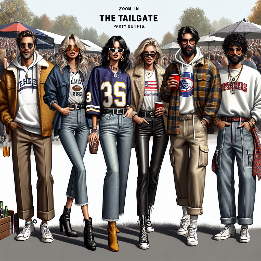 Imagine a bustling outdoor tailgate party scene filled with laughter and camaraderie. Zoom in on a group of five stylish individuals showcasing their must-have tailgate outfits. A Caucasian woman, looking radiant in a fashionable team jersey paired with boot-cut jeans and chic sunglasses. A Hispanic man sporting a comfortable hoodie in team colors complemented by cargo shorts. A Black woman elegantly dressed in a flannel shirt layered upon a graphic tee, skinny jeans, and ankle-length boots. A South Asian man displaying a mix-match style with a vintage sports jacket, jeans, and a team beanie. Lastly, a Middle-Eastern woman exhibiting a minimalist style with a classic white tee, distressed jeans, and a baseball cap. Each individual's outfit echoes their unique style while sharing a collective passion for the game.