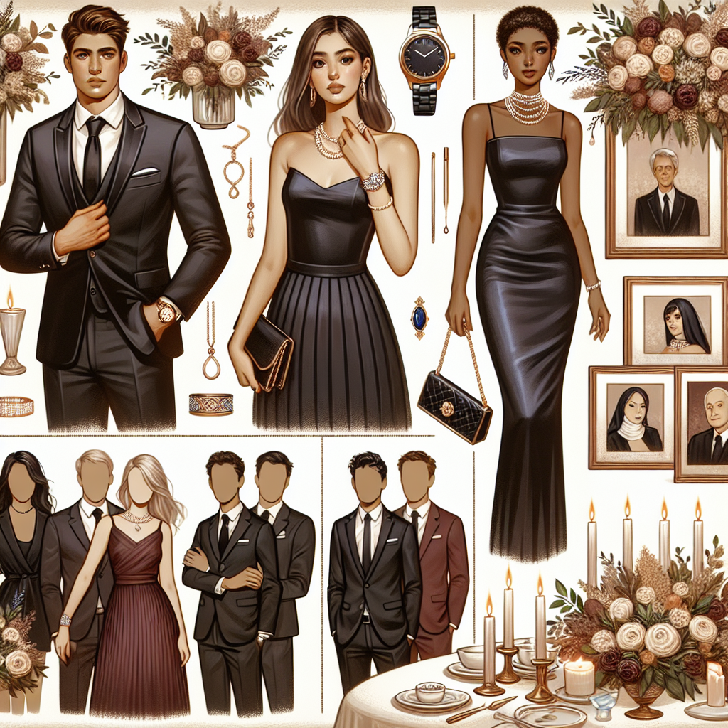 An insightful, detailed depiction of various individuals fittingly dressed for a celebration of life event. Show a Caucasian man in a sophisticated black suit accessorizing with elegant watch, a Middle-Eastern woman in a sleek, navy silk dress highlighted by her pearl necklace, and a Black woman dressed in a refined burgundy dress paired with diamond earrings. In the background, display tastefully arranged floral arrangements, beautiful reminiscing photographs and warmly illuminated candles to add a touch of solemn ceremony. Include tips such as sticking to muted tone outfits, selecting meaningful accessories, and the art of carrying oneself during the event.