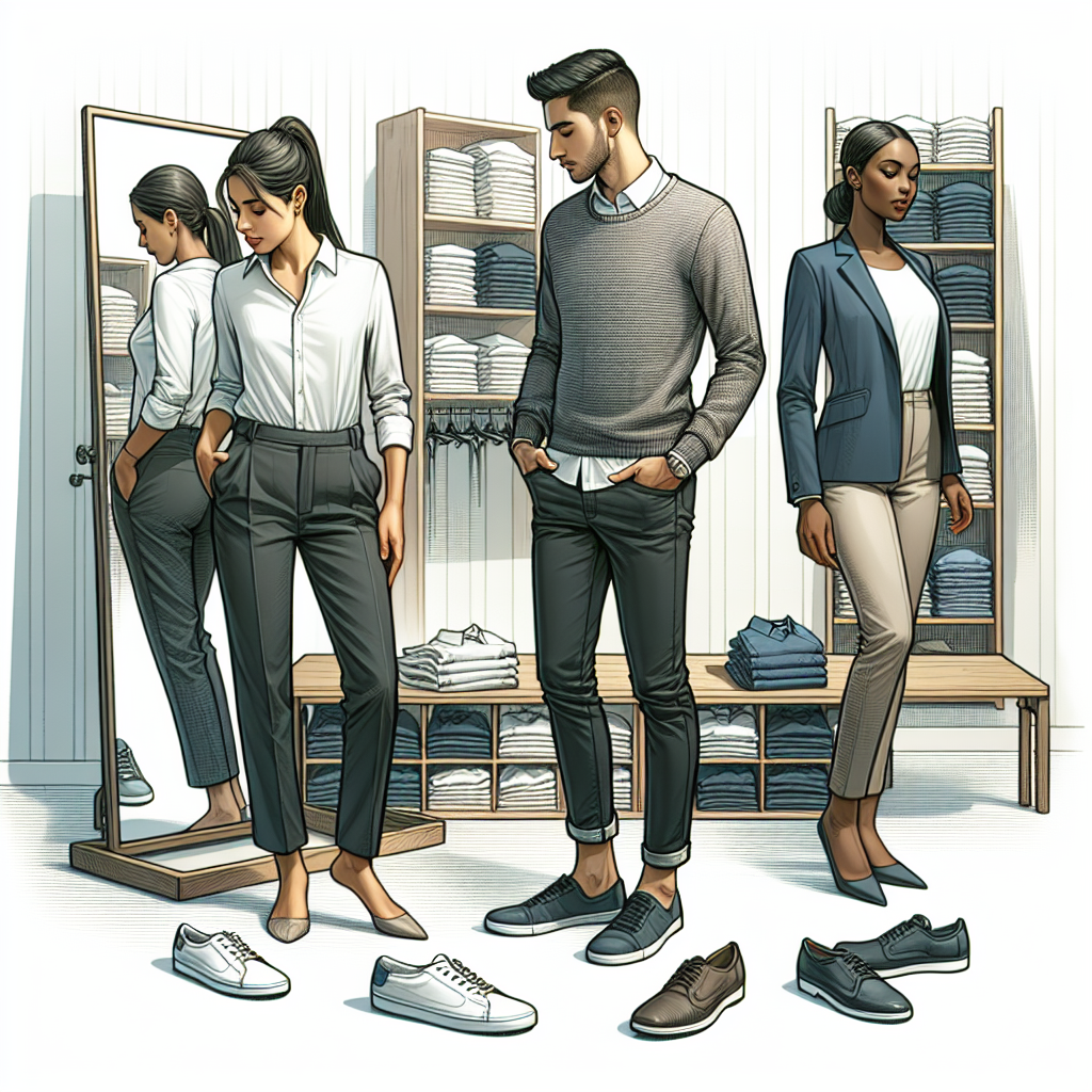Imagine a detailed scene featuring three people preparing for a retail job interview. They are standing in front of mirrors, examining their outfits. The first person is a Hispanic woman wearing a sharp white blouse, black slacks, and practical flats. The second person is a Middle-Eastern man sporting a grey sweater, dark jeans, and clean sneakers. The third person is a Black woman, dressed in a stylish navy blue blazer, a light blue top, and professional khaki pants. Focus on the details of their attire, including its color, fit, and functionality for a retail setting.