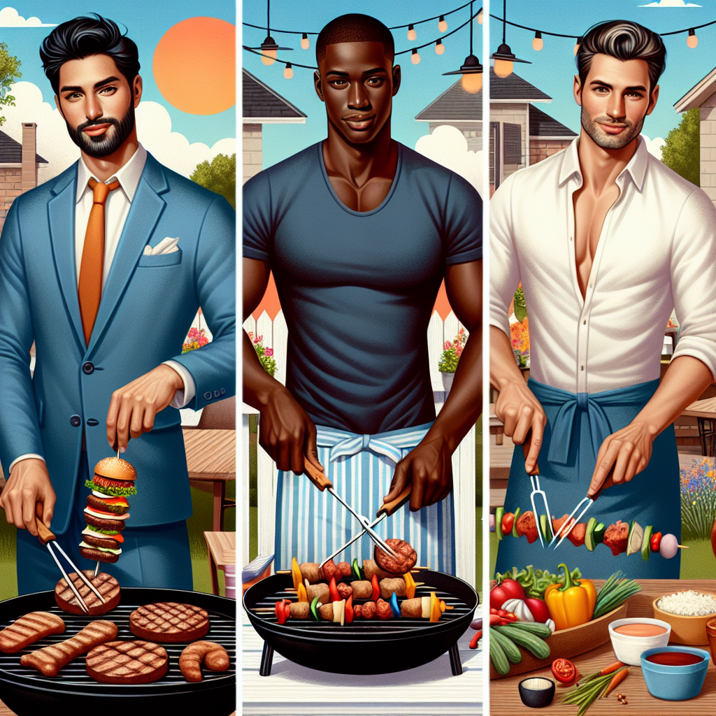 Stunning BBQ Styles: Effortless Looks for Men Create an image depicting a diverse range of men showcasing various BBQ styles. Imagine a handsome South Asian man perfectly flipping burgers on a grill, a Black man with a flair for marinating ribs, and a Caucasian man carefully skewering vegetables for a colorful veggie kebab. Their attire should convey effortless style and comfort, suitable for a casual outdoor barbecue. Background elements can include a sunny summer sky and a charming backyard setting, tastefully decorated with hanging lights and rustic furnishings.