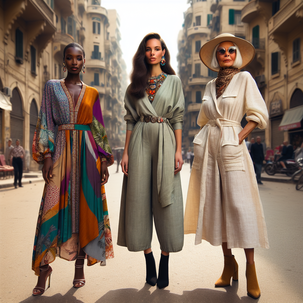 Portrait of three different women standing side by side on a Cairo street. The woman on the left is a fashionable and confident Black woman in her 30s, dressed in a vibrant, modern version of a traditional Egyptian outfit, composed of a flowing colorful kaftan, a statement neckpiece, and matching heeled sandals. The woman in the center is a stylish Middle-Eastern woman in her mid 20s, portraying an urban chic style in a sleek jumpsuit paired with an embellished headscarf and boots. The woman on the right is a chic elder Caucasian woman beautifully exhibiting a classic style, wearing an elegant linen outfit with a wide brim hat and vintage sunglasses. The backdrop is a picturesque and lively Cairo street with buildings and a bustling crowd.