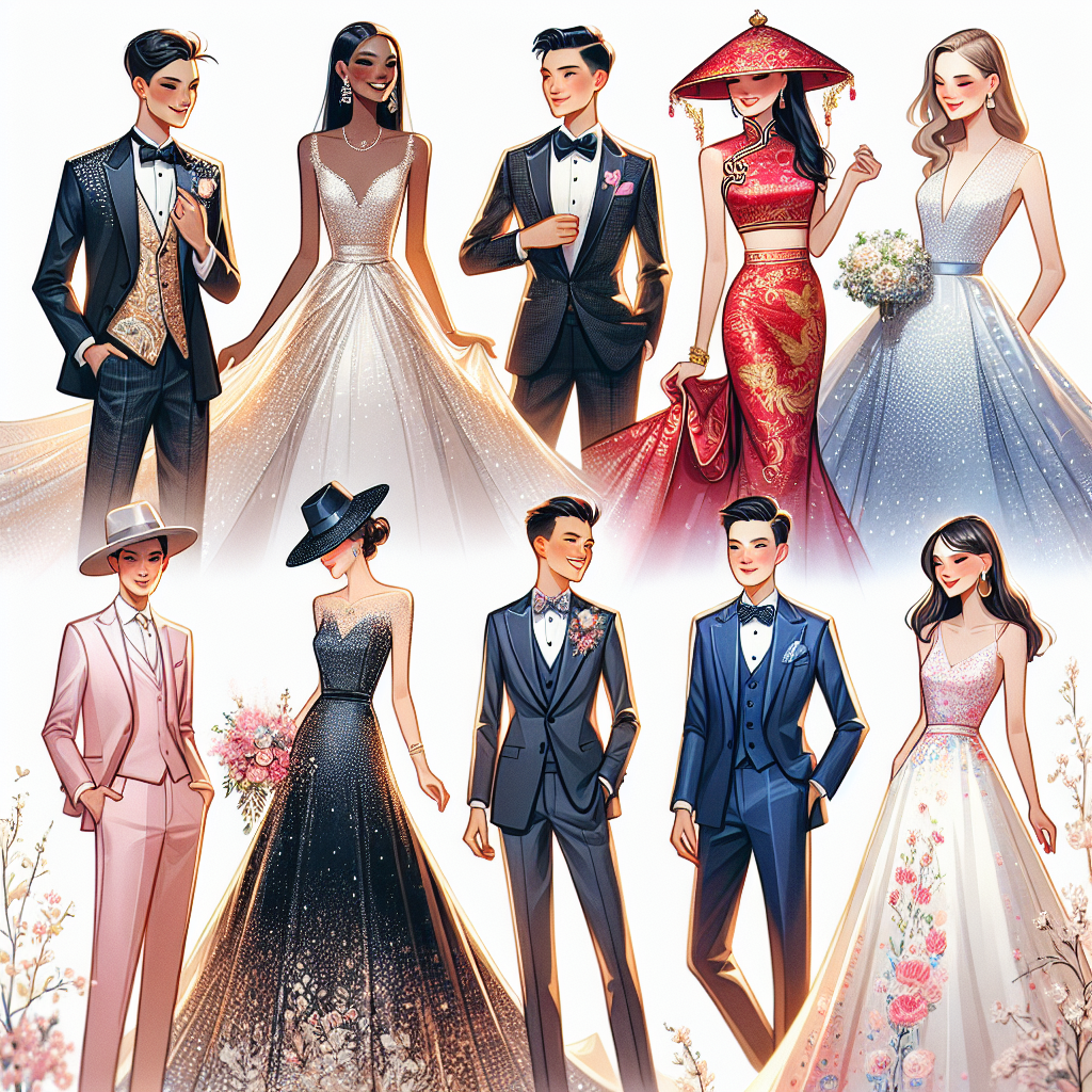 Illustrate an array of different 2024 wedding outfits. Show outfits that range from the traditional to the latest fashion-forward designs in a variety of cultures. Include a Black bride in a glamorous, shimmering cocktail gown, an Asian bride in an extravagant red and gold cheongsam, a Hispanic groom in a modern suit paired with a trendy trilby hat, and a Caucasian groom in a navy blue tuxedo complimented with a pastel pink tie. All individuals should appear joyful and confident, showcasing their unique looks in a bright, elegant setting filled with delicate flowers and gentle light.
