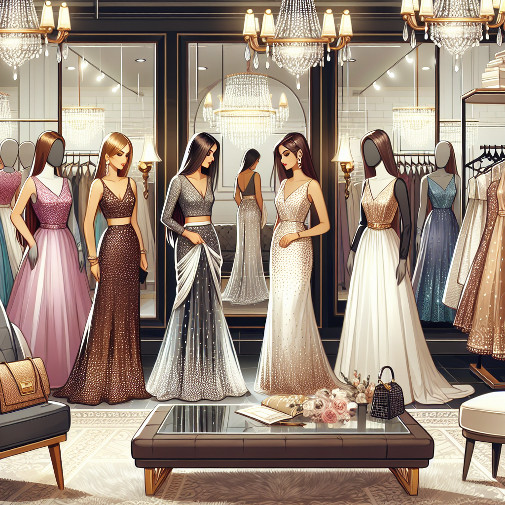 Illustration of a high-end fashion boutique with a wide range of stunning bridal shower outfits. There are mannequins displaying a variety of designer dresses. A South Asian woman in a modern sari, a Hispanic woman in a studded gown, and a Caucasian woman in a floral dress are showcased. Each woman is examining different outfits that showcase their individual styles and preferences. The atmosphere of the boutique is elegantly designed with luxe decor, reflecting on mirrors, chandeliers, and plush carpeting.