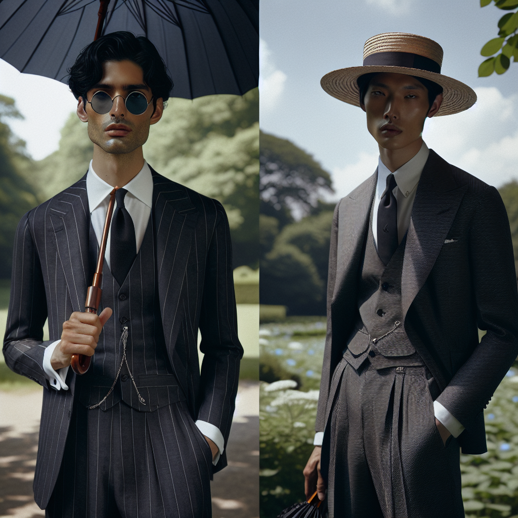 Stunning Summer Funeral Attire for Men: Effortless Elegance A visual depiction of two men in summer funeral attire, showcasing effortless elegance. The first man, a Middle-Eastern gentleman, is dressed in a lightweight, black linen suit with a crisp white shirt and black tie. He wears vintage round sunglasses and carries a matching black umbrella to shield himself from the hot summer sun. The second man, an Asian individual, sports an elegant black seersucker suit with a soft grey shirt and a dark tie, pairing it with a straw Panama hat for charm and protection from the sun. Both stand near a verdant, serene park, hinting at the solemnity and respect of the occasion.