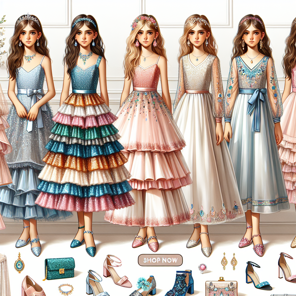 Several stunning outfits displayed for a Bat Mitzvah occasion. The selection includes a diverse range of attire suitable for girls of various ages. Showcase multicolor, sequin dresses with tiered ruffles, sophisticated satin gowns in light pastels, and chic, modest dresses in jeweled tones. The outfits are tastefully accessorized with delicate jewelry, matching shoes and fun hair accessories to complete the look. Add a 'Shop Now' sign to indicate that these attire are available for purchase.