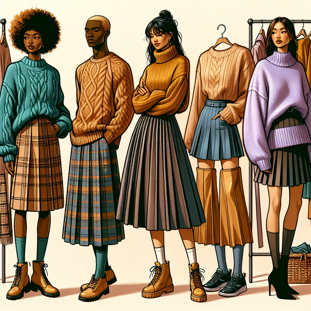 Imagine a diverse fashion scene illustrating trendy skirt and sweater combos. First, envision a Black woman sporting a cozy woolen teal sweater tucked into a plaid midi skirt, paired with ankle boots. In another corner, imagine a Middle-Eastern man in a chunky mustard yellow sweater and a sporty kilt-style skirt with sneakers. Lastly, visualize a South Asian woman showcasing an oversized lavender sweater coupled with a pleated leather skirt and high heels. Drape the scene in warm, softly lit ambiance of a well-organized boutique shop. Be sure to show a variety of textures, patterns, and colors for each outfit.