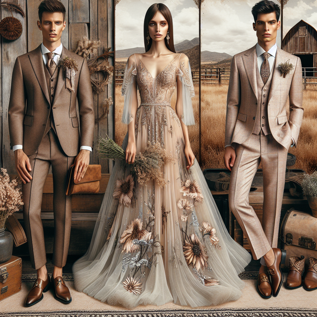 Envision the latest fashion trends for 2023 Western wedding guest outfits. These outfits should have a stunning appearance, incorporating modern and traditional elements. Picture a Caucasian man dressed in a beautifully tailored suit in muted earth tones, pairing it with a matching tie, a boutonniere of seasonal flowers and polished loafers. Beside him, envision a Hispanic woman donning an elegant floor-length gown in a pastel shade, adorned with intricate embroidery or beadwork, finished with a stylish clutch and high-heeled shoes. To complete the scene, picture them standing against a rural, rustic background, symbolizing the Western theme.