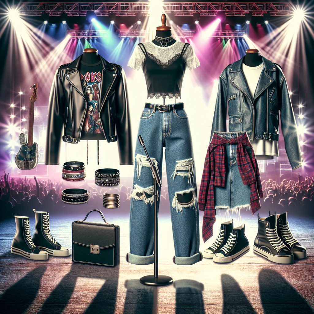 Stunning Outfits for P!nk Concerts - Effortless Style Tips Generate a collection of fashion-forward outfits suitable for a pop rock concert. The clothing style should effortlessly blend rock elements with a casual, relaxed, and comfortable feel. The attire should include iconic elements, such as band tees, torn jeans, leather jackets, and chunky boots. There should be accessories too, like statement necklaces, earbands, and oversized sunglasses. The background can be a concert stage with colorful spotlights, and the lighting should reflect the vibrant energy of a concert venue.